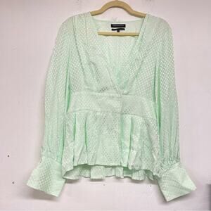 Something Navy Pastel Green Long Sleeve V Neck Button Front Blouse M